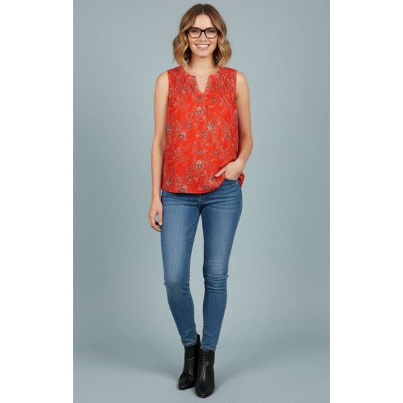 2/$35 Daniel Rainn Orange Floral Sleeveless Lined Blouse Pleated Neckline Small - Picture 1 of 9
